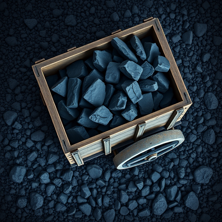 Create a highly detailed vector illustration of a coal cart filled with coal, using a DSLR camera with a 50mm lens, aperture at f/8, ISO 200, in a top-down view, and soft lighting to enhance shadows and texture.