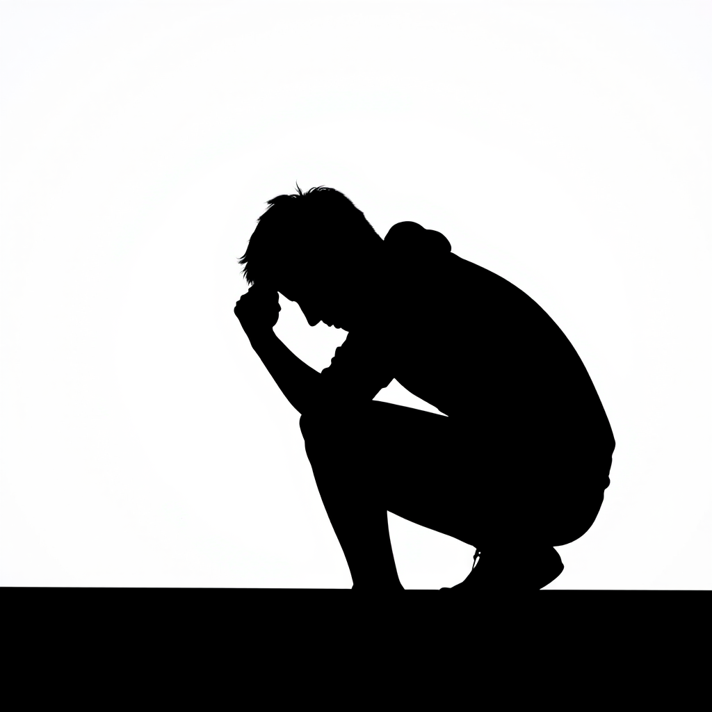 Create a high-contrast silhouette of a crouching figure against a white background, use a DSLR camera with a 50mm lens, aperture set to f/1.8, ISO 100, and shutter speed 1/500s for sharp detail and dynamic range.