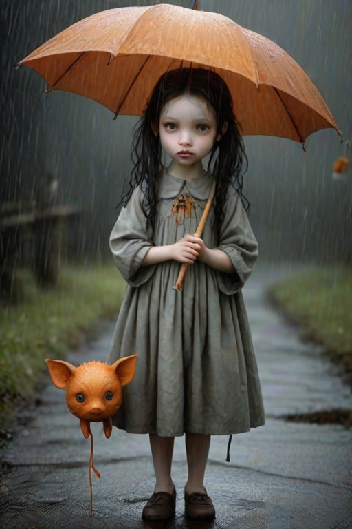 An eerie, weird little girl with dark hair in thin pigtails, wearing a smock dress, standing in the rain, holding a dirty orange umbrella, a small, odd creature beside her. In a surreal style inspired by Nicoletta Ceccoli and Brian Froud. Dark fantasy themes