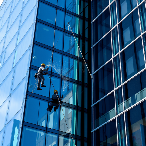 Capture a high-resolution image of window washers cleaning a modern glass building, using a wide-angle lens, f/8 aperture, ISO 200, 1/500 sec shutter speed, shot from a low angle to emphasize the height of the building, in bright daylight for optimal clarity and contrast.