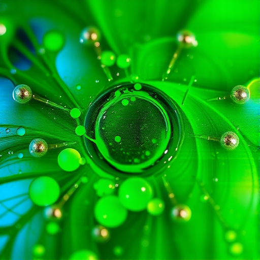 macro shot of colorful abstract oil and water mixture with vibrant green and blue hues, using a Canon EOS R5, 100mm f/2.8 macro lens, f/8 aperture, ISO 100, and shutter speed 1/200 sec, with a focus on the intricate details and textures in the center of the image