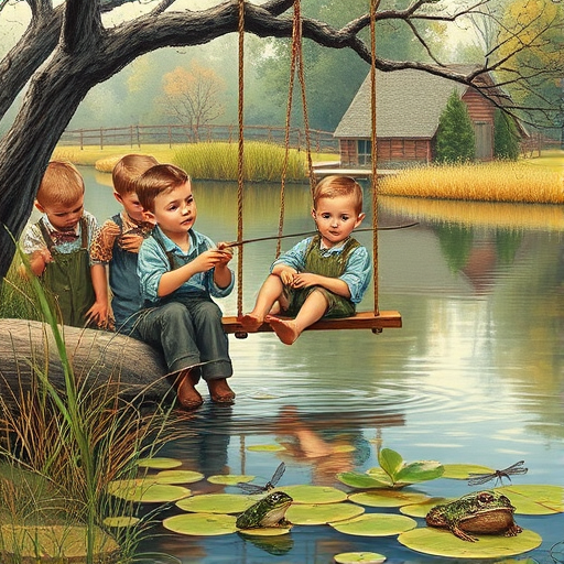 Imagine a small group of old fashioned young boys out fishing by the creek, a swing hanging from a tree branch, reeds and grasses by the water's edge, a frog sitting on a lily pad, dragonflies hovering over som water plans, a very iconic old fashioned scene reminiscent of a Norman Rockwell painting style
