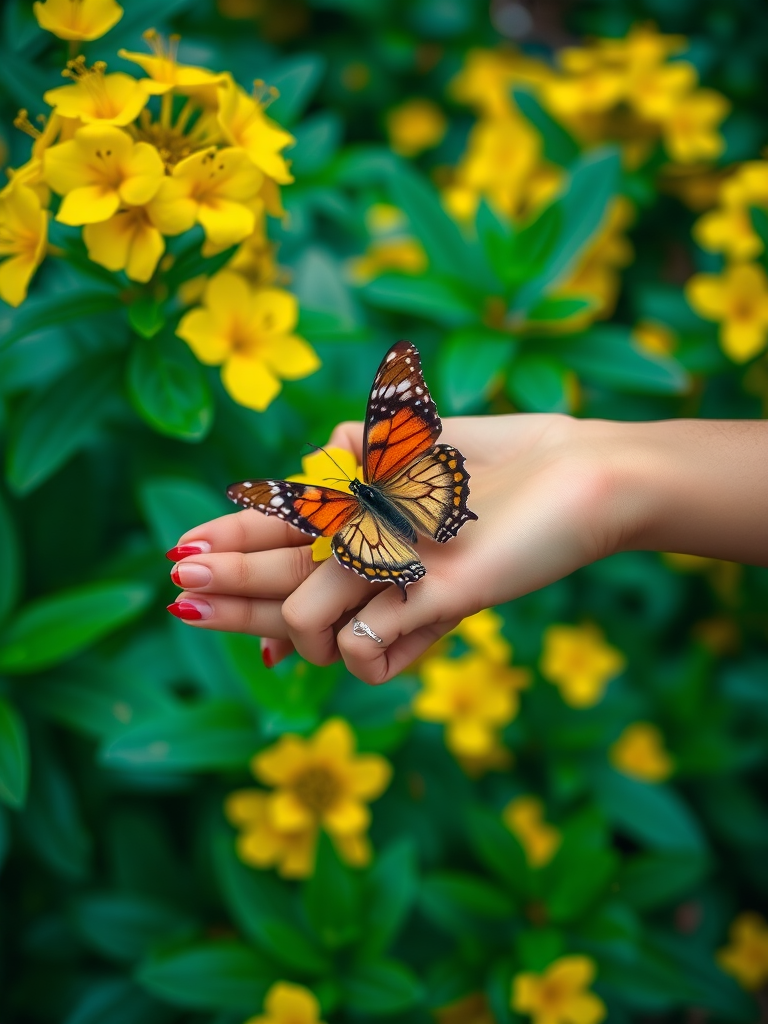 Create an image of a hand gently holding a butterfly on a vibrant yellow flower. The hand should have a stylish ring and be adorned with a deep red nail polish. The background should feature lush green leaves and bright yellow blooms, creating a serene and colorful atmosphere.