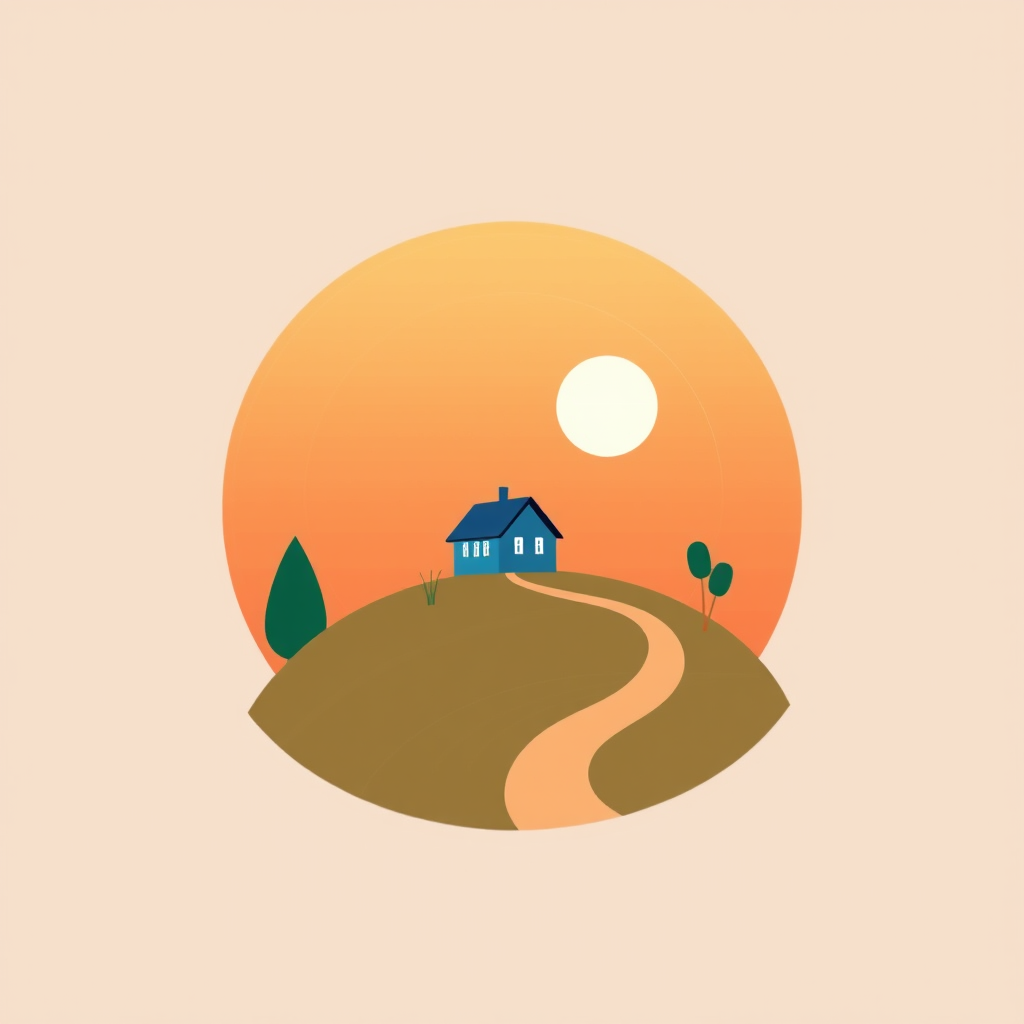 Create a stylized landscape illustration featuring a small blue house on a hillside with a winding path, set against a circular background with a peach sky and a sun, vibrant colors, high contrast, captured with a DSLR camera, aperture f/8, ISO 100, 50mm lens, shot from eye level to enhance clarity and depth.