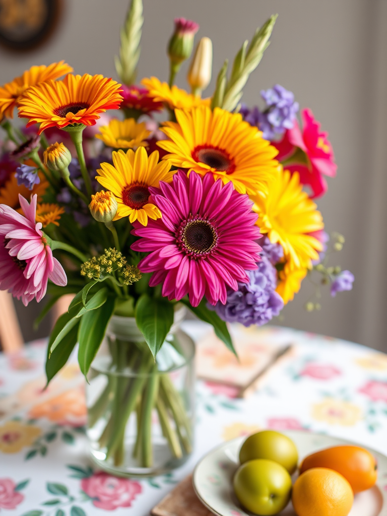 Still life of a vibrant flower arrangement in a vase with a colorful table setting featuring fruits on a plate, photographed using a DSLR camera with a 50mm lens, aperture f/1.8, ISO 100, natural lighting, shot from a slight elevation to enhance depth and detail.