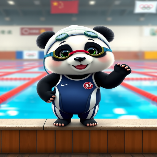 The image is a high-resolution photograph of a charming panda named Huahua, depicted standing at the edge of an Olympic swimming pool. Huahua has her distinctive black and white fur, and she is dressed in a sleek, professional swimsuit, complete with a swim cap and goggles. The swimsuit is detailed with racing stripes and team logos, adding to her athletic appearance.