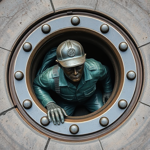 Create a high-resolution image of a bronze statue of a worker emerging from a manhole cover, taken with a DSLR camera at f/8 aperture, 1/250 shutter speed, ISO 200, in natural daylight, using a wide-angle lens from a low angle to capture details and depth.
