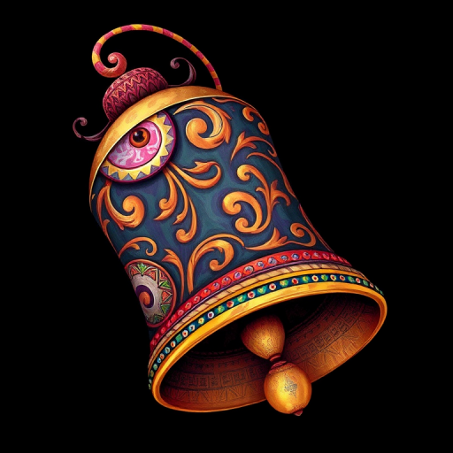 Create a detailed illustration of a bell with intricate swirls and colorful patterns against a black background, shot with a DSLR camera at f/2.8 aperture, ISO 100, and a 35mm lens, using a soft focus style to enhance the richness of colors and textures.