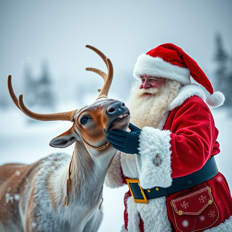Generate a festive scene of Santa Claus joyfully interacting with a reindeer in a snowy landscape, shot with a Canon EOS R5, 50mm lens, f/1.8 aperture, 1/250 sec shutter speed, vibrant colors, and a soft focus background.