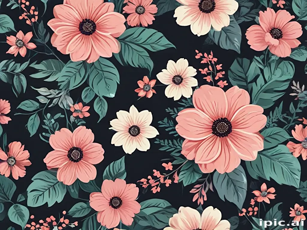 Vibrant Floral Pattern Featuring Pink and White Flowers on Dark Background