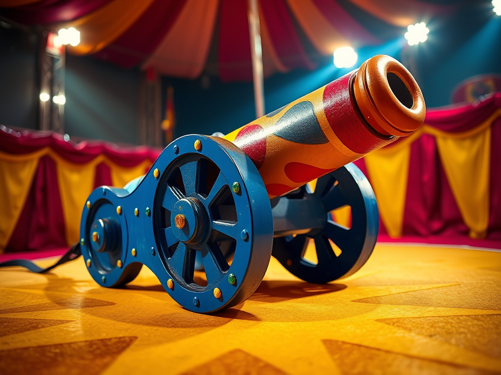 A colorful circus cannon on a vibrant yellow star floor, dramatic lighting highlights the cannon, 35mm lens, f/2.8 aperture, ISO 100, low-angle shot, DSLR camera, high dynamic range for enhanced detail and texture.