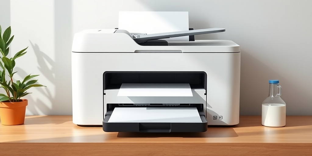 Create a colorful vector illustration of a modern printer with a paper tray, using a minimalist design style, captured in a flat lay view with a Canon EOS R5 camera, 50mm lens, aperture f/2.8, ISO 100, and natural lighting.