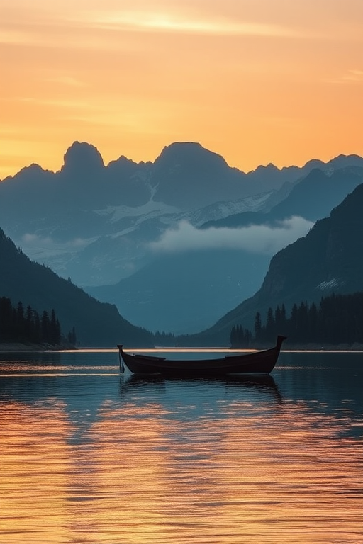 Generate a serene landscape at sunset with a wooden boat on calm water, surrounded by majestic mountains and trees, using a DSLR camera, 24mm lens, f/8 aperture, ISO 100, 1/100 sec shutter speed, and soft golden hour lighting.