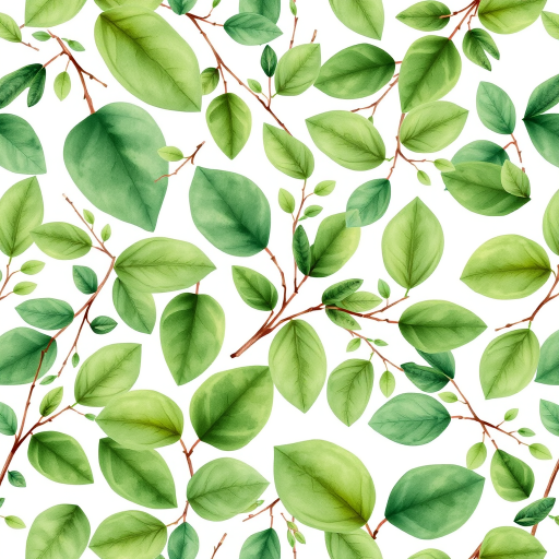Create a seamless repeating pattern of various green leaves and branches on a white background, featuring watercolor textures and soft, natural tones.