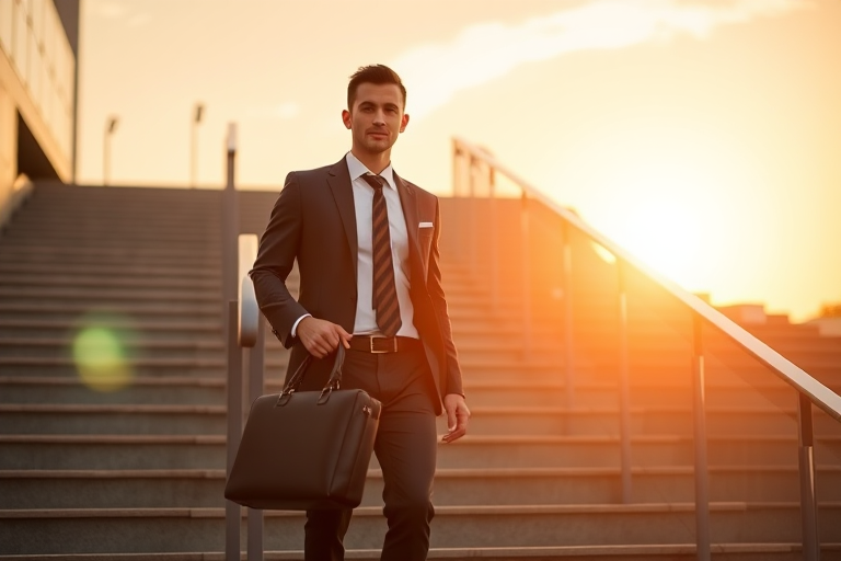 Generate an image of a confident businessman walking down stairs with a briefcase, dressed in a tailored suit, the sun rising behind him, using a DSLR camera with a 50mm lens, aperture f/1.8, ISO 100, shot from a low angle to emphasize depth and vibrancy.