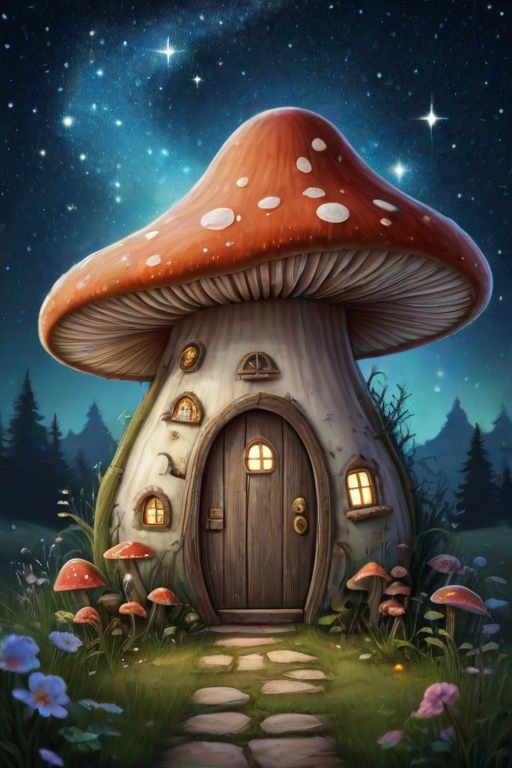 imagine illustration of a mushroom house with a door and a window, a storybook , fantasy art, mushroom house, bg starry sky, sparkles