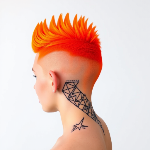 Bold neon orange buzzcut with intricate geometric designs shaved into the sides, showcasing fearless self-expression and avant-garde artistry