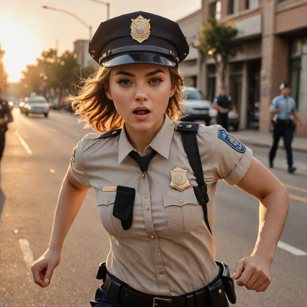 beautiful girl, beautiful face, running, angry,  cute body type, police cap, police, cop, police uniform, Beige, Blunt Cut,   Golden Hour Lighting,  Rule of thirds composition, ultra high res, masterpiece, (photorealistic:1.4), 1girl, cute