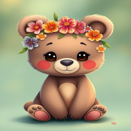 create a cute bear character adorned with vibrant flowers around its head and body, soft focus, 50mm lens, aperture f/1.8, ISO 100, natural lighting, portrait orientation, high-resolution digital illustration