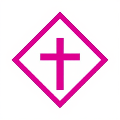 Create a high-resolution graphic of a stylized cross within a diamond shape using a digital drawing tablet with a resolution of 300 DPI, viewed from a direct overhead angle, utilizing a clean minimalist design style, and rendered in vibrant colors for enhanced visual impact.