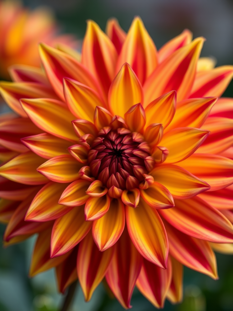 macro shot of a vibrant yellow and red dahlia flower, f-stop 2.8, ISO 100, shutter speed 1/200s, 50mm lens, natural light, taken with a DSLR camera