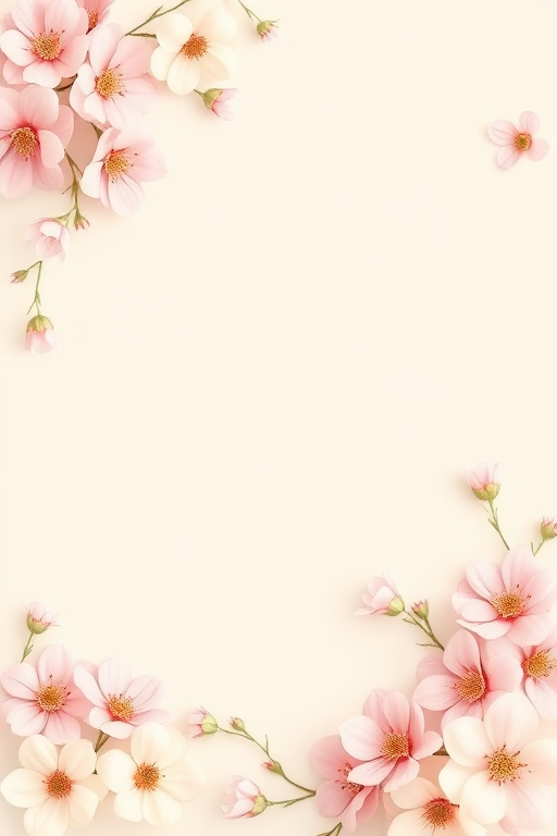Create a soft floral border design with light pastel colors on a cream background, using a Canon EOS R5 with a 50mm lens, aperture set to f/2.8, ISO 100, and a shallow depth of field for enhanced image quality.