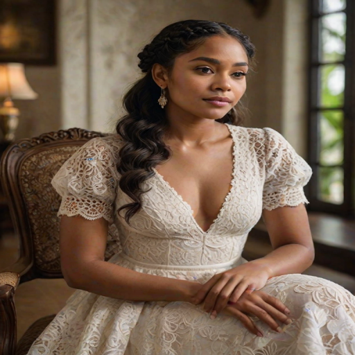 Create a portrait of a refined and elegant Fijian woman seated in a sophisticated setting. She has long, wavy hair styled in two thick braids that are pulled over her shoulders. She wears a white, lace gown with intricate patterns, featuring a deep V-neckline and short sleeves. The dress exudes a vintage charm with its delicate lacework. She is adorned with ornate, dangling earrings that add a touch of glamour to her appearance. The background is softly lit, with warm, ambient lighting that creates a cozy and inviting atmosphere. Her expression is poised and serene, capturing a sense of grace and elegance.