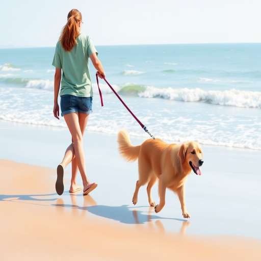 Draw a person walking a golden retriever dog along a beach with soft waves in the background, use a vibrant color palette, create a serene atmosphere, capture the scene with a DSLR camera at f/2.8, 50mm lens, and a shallow depth of field to enhance the focus on the subjects, in a natural light setting.