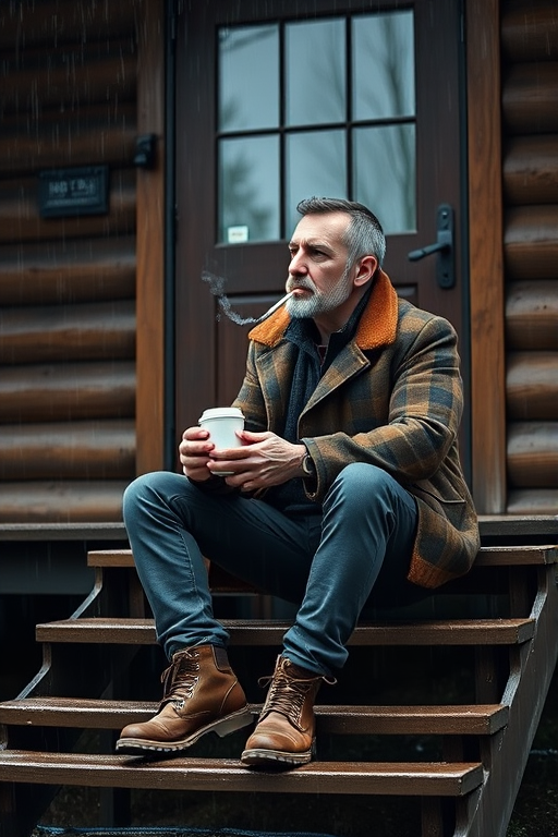 A contemplative man sitting on the steps of a cabin in the rain, holding a cup of coffee and smoking a cigarette, wearing a brown plaid coat and rugged boots, soft focus, natural lighting, 50mm lens, f/1.8 aperture, ISO 200, shallow depth of field, DSLR camera.