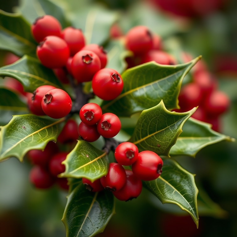 close-up of red holly berries on green leaves, shallow depth of field, natural light, aperture f/2.8, ISO 200, 50mm lens, DSLR camera, macro photography style
