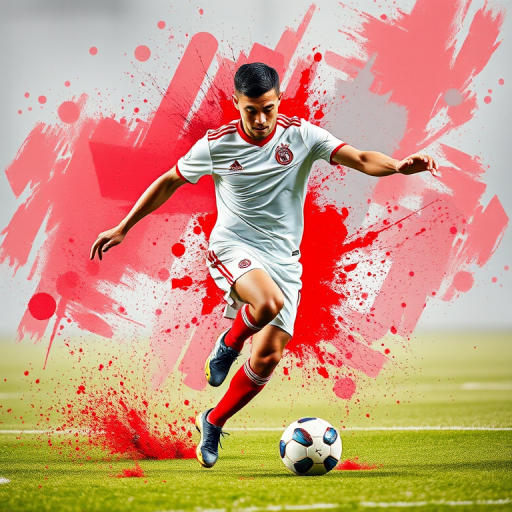 Generate a high-resolution dynamic action shot of a soccer player in a white jersey with red accents kicking a soccer ball, surrounded by an abstract splash of red and gray colors, captured with a Canon EOS R5, 50mm lens, f/1.8 aperture, ISO 100, at a shutter speed of 1/1000 sec, in portrait orientation.