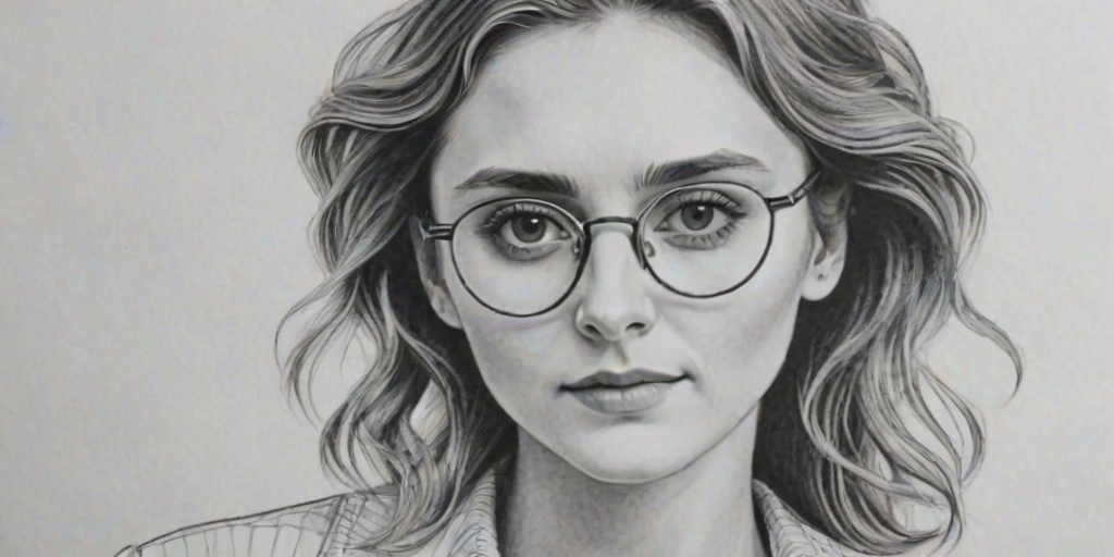 Fascinating Alyson Stoner, pencil sketch, portrait of Graceful woman 1976s in glasses, hair style beatnik, outline, clear lines, fine lines, 8k