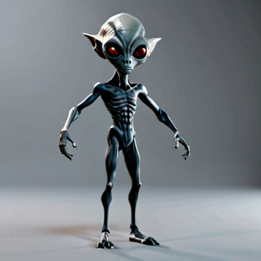 full body shot of a Skinny alien grey with all black eyes , in 3d ...