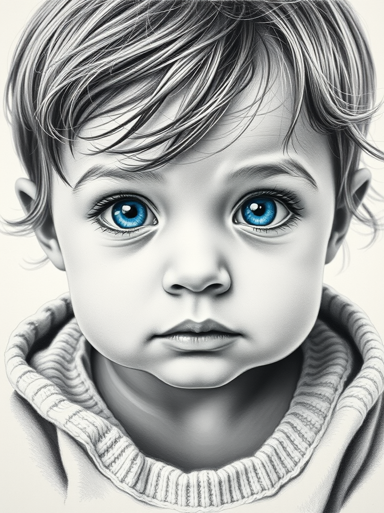 A hyperdetailed photorealistic black and white sketch of a beautiful toddler with deep blue eyes, with a macro focus