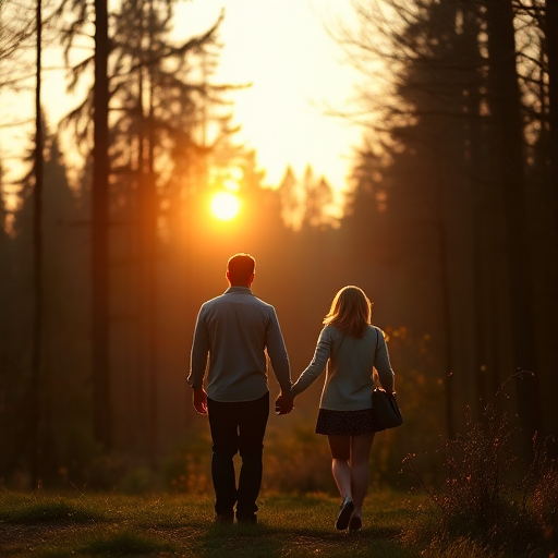 Warmly lit image of a couple walking hand-in-hand through a quiet forest at twilight, soft glow from the setting sun casting long shadows, with distant fireflies flickering in the air.