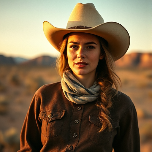 Dramatic photo of a beautiful Western American woman, classic cowboy attire, confident and free spirit expression, half-length portrait, centered, golden hour desert landscape, warm, diffused light, low angle, medium format film camera, in style of Annie Leibovitz.