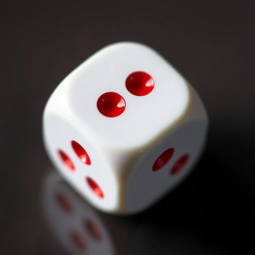 Create an image of a pristine six-sided die with two red dots on a white face, using a macro lens at f/2.8 aperture, ISO 100, 1/160s shutter speed, top-down view, with soft diffused lighting for enhanced depth and contrast.