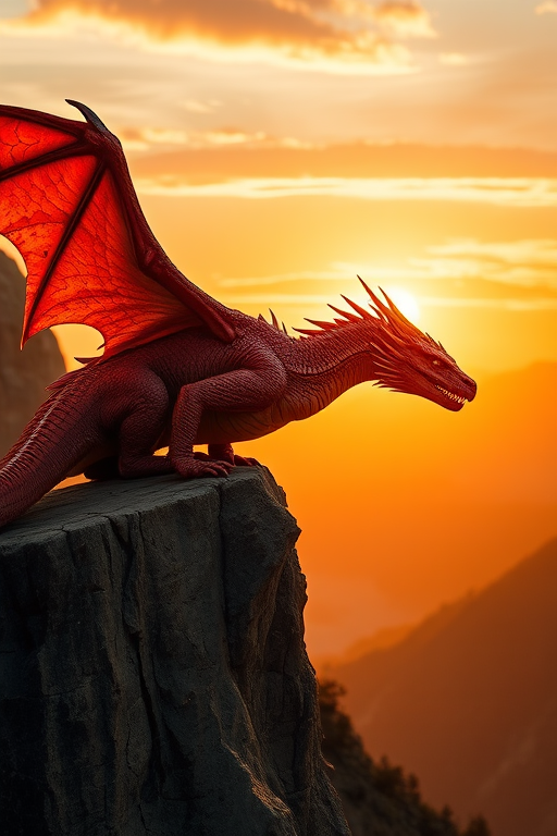 A majestic dragon perched on a rocky cliff during sunset, with vibrant orange and red scales, detailed wing structure, mountainous background, captured with a Canon EOS R5, 24mm lens, f/2.8 aperture, 1/500 sec shutter speed, ISO 100, wide-angle view, high dynamic range, cinematic style.