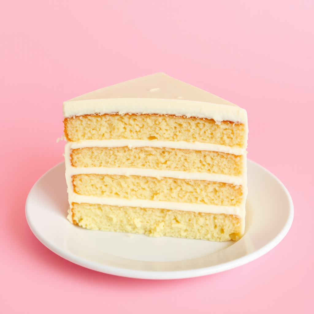 A detailed close-up of a slice of layered cake on a white plate, showing multiple layers of sponge and cream filling. The cake has a creamy frosting and is set against a soft pink background, creating a visually appealing dessert image.