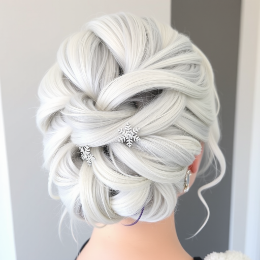 Frosty Winter Princess Chignon displaying icy platinum blonde hair with subtle blue undertones styled into an elegant twisted updo adorned with sparkling crystal snowflake accessories