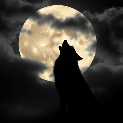 create a silhouette of a wolf howling against a full moon backdrop with dark clouds, camera settings: aperture f/2.8, shutter speed 1/200s, ISO 800, camera view: low angle, camera style: dramatic night scene, camera type: DSLR