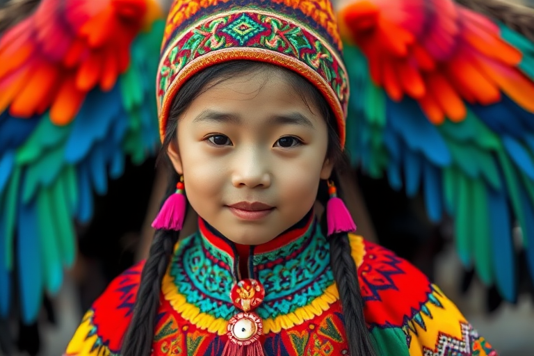 A beautiful Mongolian girl, wearing colorful bird clothing with vibrant colors
