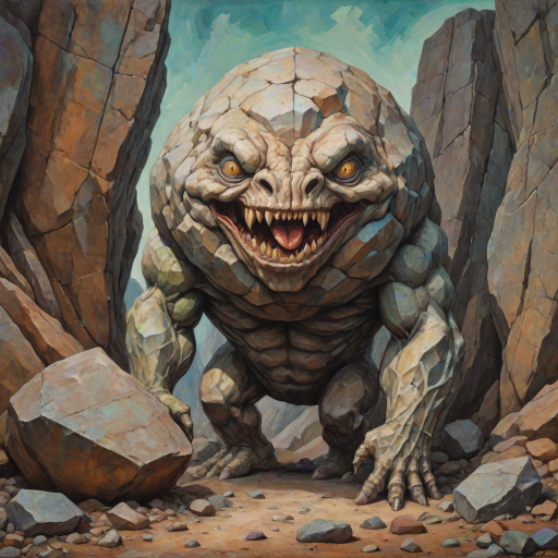 A detailed and anatomically presented mr stone-eater stands and bites into a huge boulder. surreal abstract art, grunge oil colors on canvas, textured background