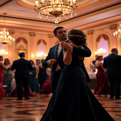 Create a high-resolution image of a grand ballroom scene with elegantly dressed couples dancing, focusing on a man in a tailcoat and a woman in a dark gown, soft warm lighting, wide-angle view, DSLR camera, f/2.8 aperture, ISO 100, 50mm lens.