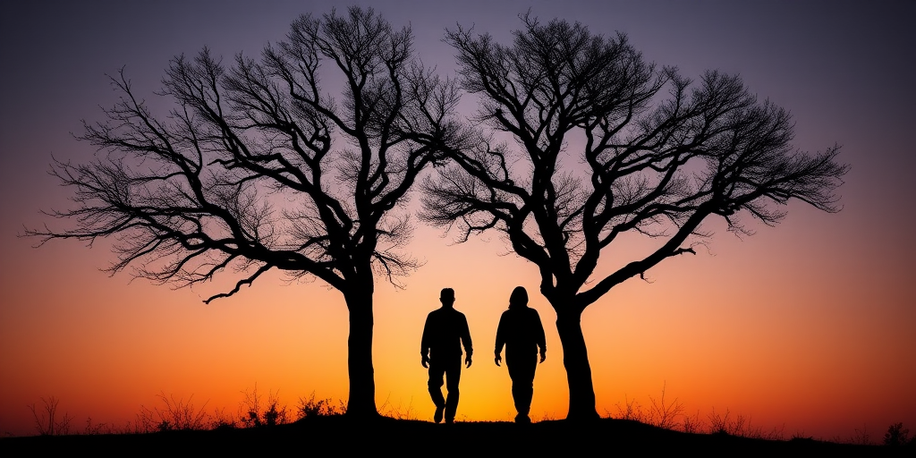 Generate a silhouette image of two people walking between two large, leafless trees at sunset, captured with a DSLR camera, 50mm lens, aperture f/2.8, ISO 200, shutter speed 1/200s, with a warm color gradient in the sky.