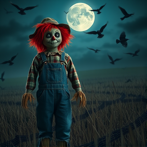 Create a spooky scene featuring a scarecrow character in overalls with red hair, standing in a haunted field at night, with a full moon in the background and crows flying around; use a Canon EOS 5D Mark IV, 24mm lens, f/2.8 aperture, ISO 800, 1/60s shutter speed, and a low-angle perspective to enhance depth and detail.