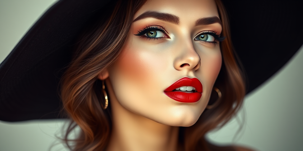 Create a high-resolution digital illustration of a woman wearing a large black hat, with bold lipstick, captured in a soft-focus style, using a Canon EOS 5D Mark IV with a 50mm f/1.8 lens at f/1.8, ISO 100, and a shallow depth of field for an artistic effect.