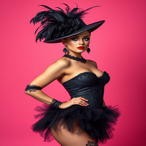 high-fashion burlesque model in a feathered black hat and corset with a tutu on a gradient pink background, captured with a Canon EOS R5 at f/1.8, 50mm lens, ISO 100, softbox lighting for a glamorous look, full body shot, portrait style, high definition