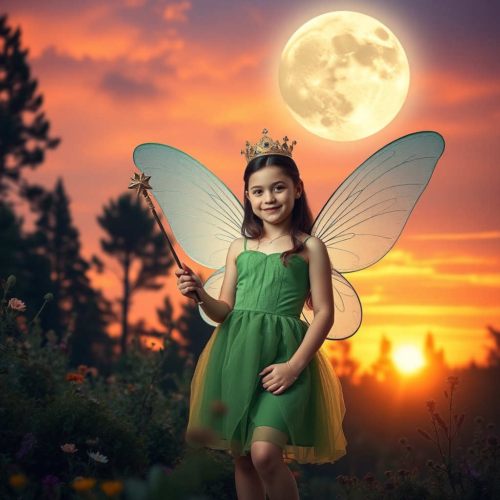 A vivid photo  taken under a bright camera flash of a fantastical scene set against a backdrop of a forest during sunset. The main subject is a girl dressed as a fairy, adorned with translucent wings and a green dress, holding a wand, her face is happy, and she wears a crown on her head. The forest behind her is a blend of flowers, shrubs and trees. The sky is painted in hues of orange and pink, with a large, glowing moon casting a warm glow over the scene. The overall color palette is dominated by earthy tones.