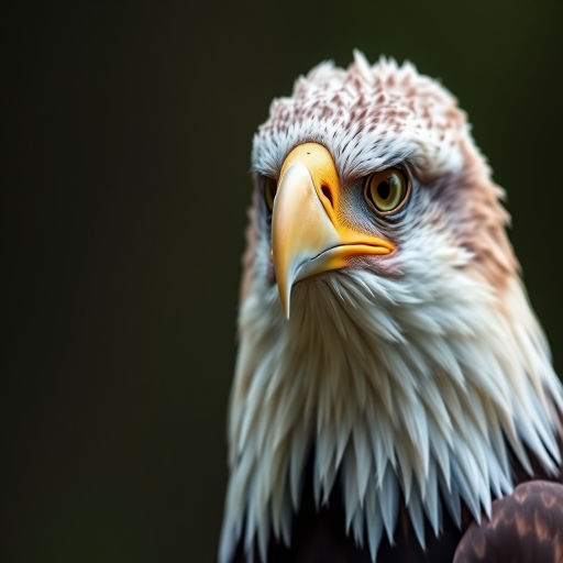 Generate a close-up portrait of a majestic eagle with sharp details, using a Canon EOS R5 camera, 85mm lens, f/1.8 aperture, ISO 100, and a soft focus background for enhanced image quality.
